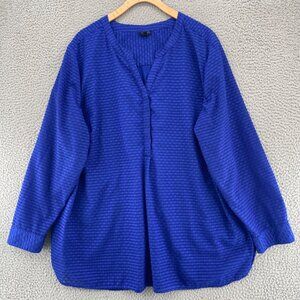 Talbots Top Womens 3X Plus Blue Swiss Dot 1/4 Button Long Sleeve V Neck Blouse